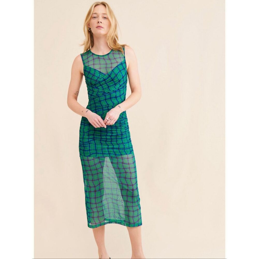 Simon Miller Sz M Kinny Ruched Plaid Mesh Midi Dress Anthropologie Green Blue - Picture 9 of 12